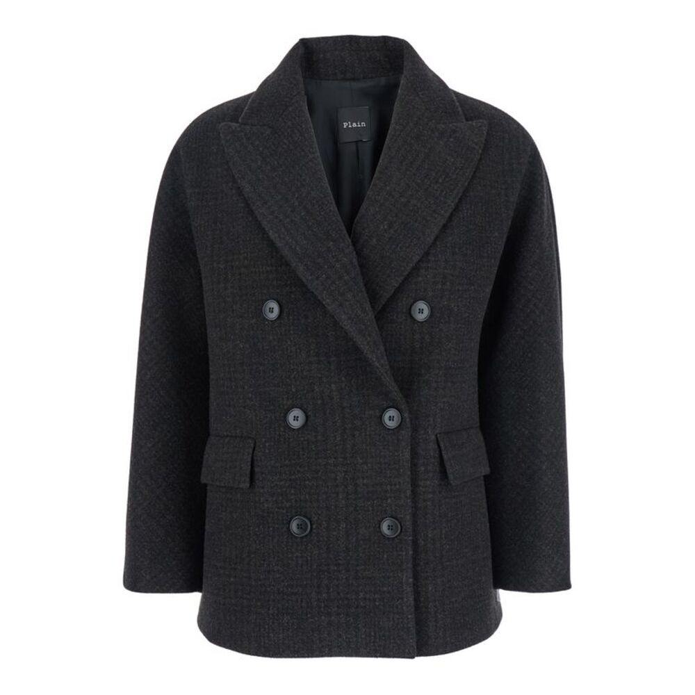 Plain Women Short Check Peacoat Double Breasted